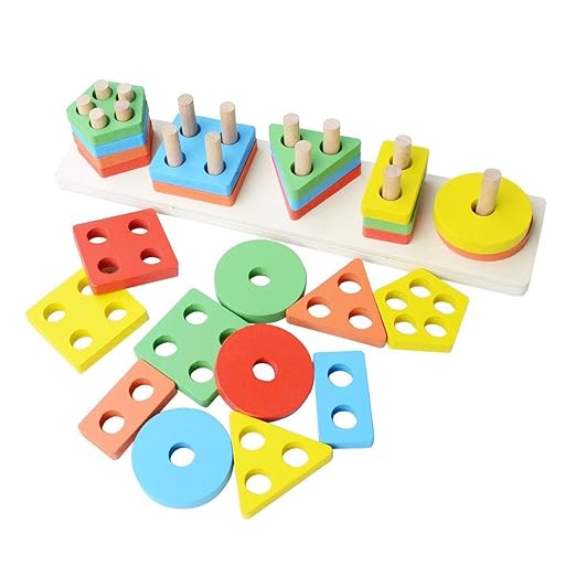 Kids Wooden Angle Geometric Blocks Stacker Shape Sorter Column Puzzle Stacking Set