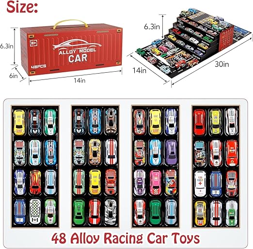 Toy Cars for Kids, 48 Pull Back Race Cars Toys, Container Storage Box, Die Cast Metal Tay Car Set