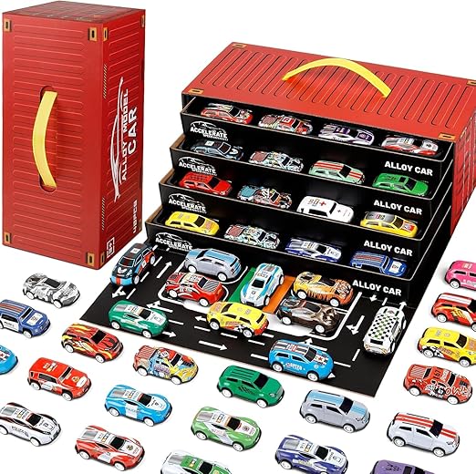Toy Cars for Kids, 48 Pull Back Race Cars Toys, Container Storage Box, Die Cast Metal Tay Car Set