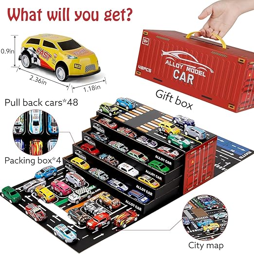 Toy Cars for Kids, 48 Pull Back Race Cars Toys, Container Storage Box, Die Cast Metal Tay Car Set